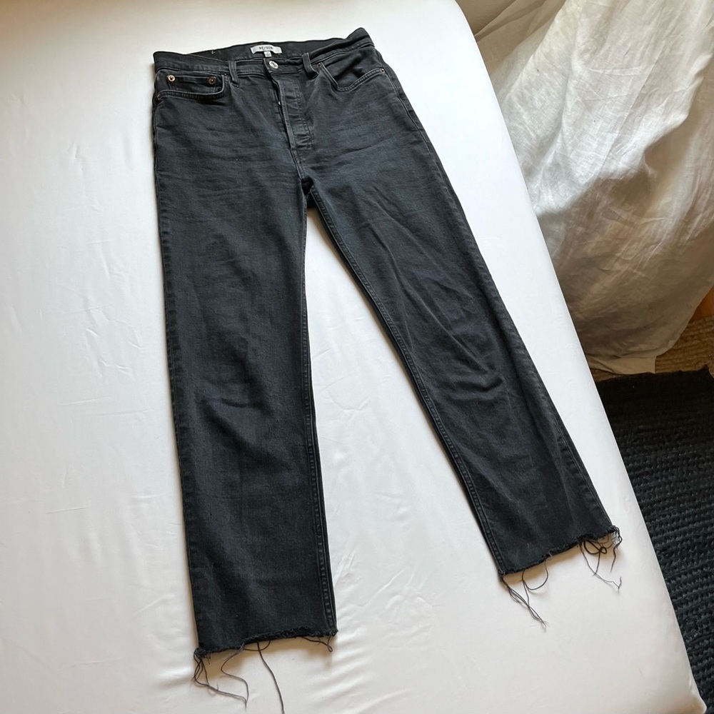 RE/DONE black cotton elastane denim raw fray hem slim straight leg jeans